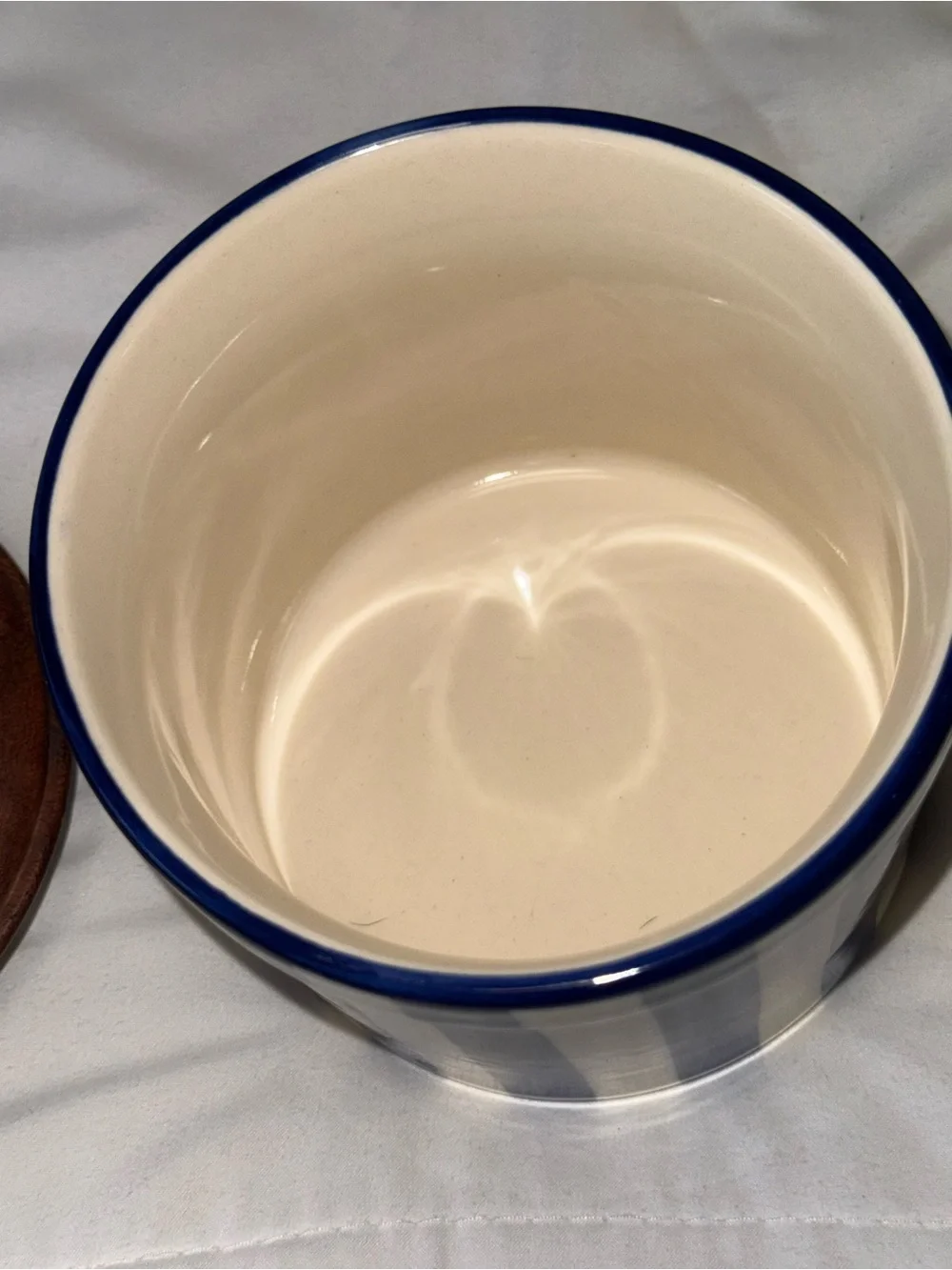 Ceramic Blue & White Striped Kitchen Canister with Wooden Lid. 6x5”